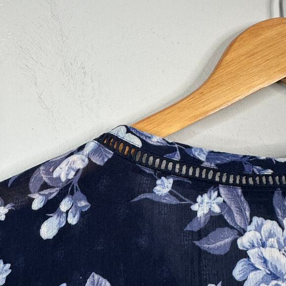 American Eagle Blue Chiffon Floral Ruffle Hem Button Down Blouse - Picture 7 of 8